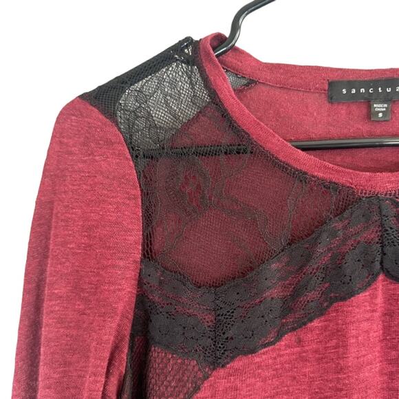 Sanctuary Maroon Lace Upper Applique Detail Long Sleeve Blouse Women Sz S - Picture 5 of 8